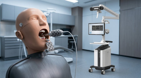 Model de simulare dentara cu tracker si placa de referinta DCARER DI7, platforma de navigatie in fundal