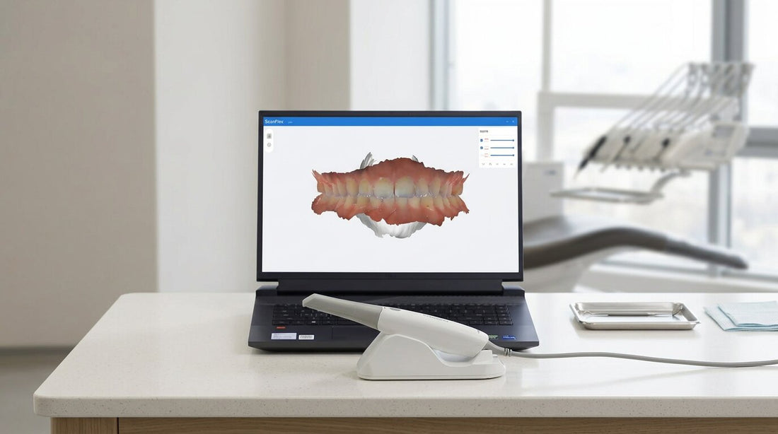 Scanner intraoral Fussen S6500 pe suport, langa laptop, intr-o clinica de implantologie