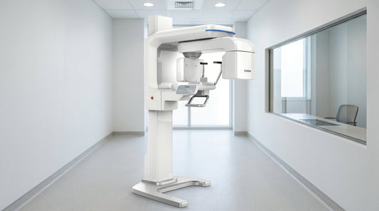 Aparat CBCT Fussen XSmart intr-o camera de radiologie dentara cu geam de observatie