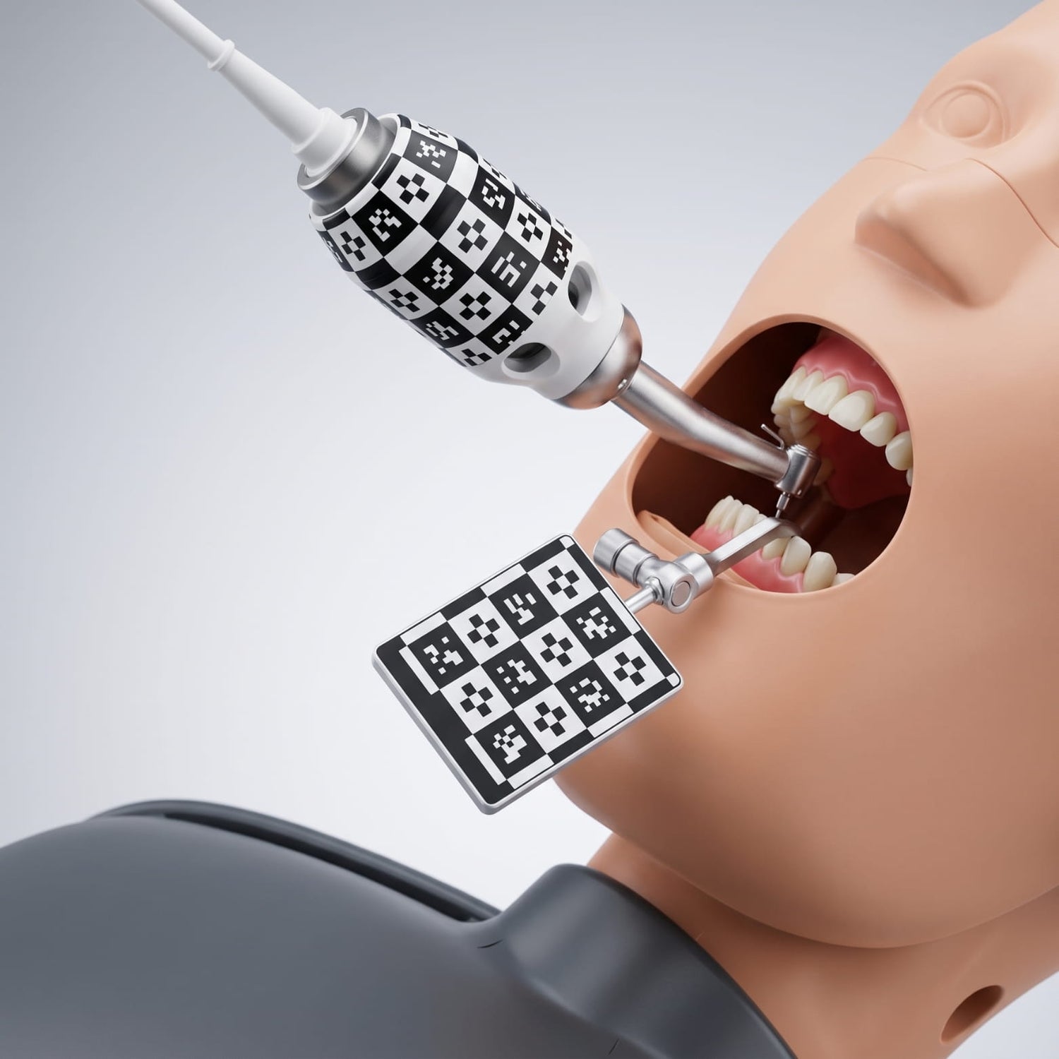 Placa de referinta DCARER DI7 cu conector reglabil, fixata pe model de simulare dentara